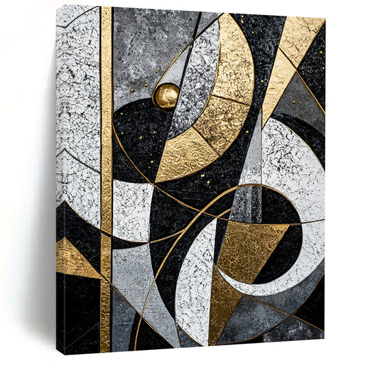 Black, White, Gray, Gold, Interlocking Arcs "Celestial Puzzle" Abstract Cosmic - Inspired Painting On Canvas HB075