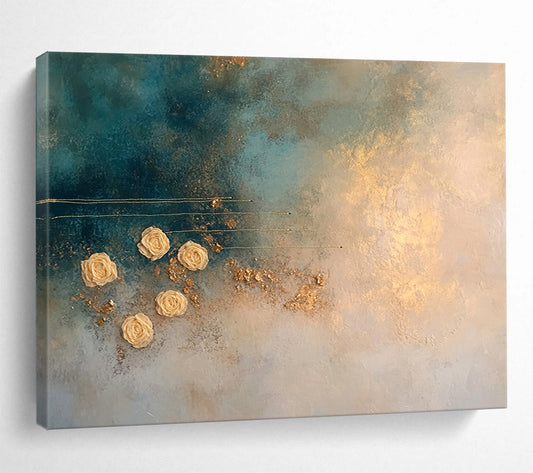 “Blue and Gold Textured Abstract with Flowers” - Blue, Gold, Beige, Textured Flowers and Lines - Mixed Media Art HB1645