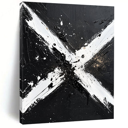 Black, White and Gold Abstract "Dynamic X" Painting On Canvas HB403