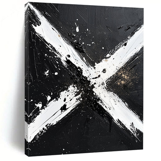Black, White and Gold Abstract "Dynamic X" Painting On Canvas HB403