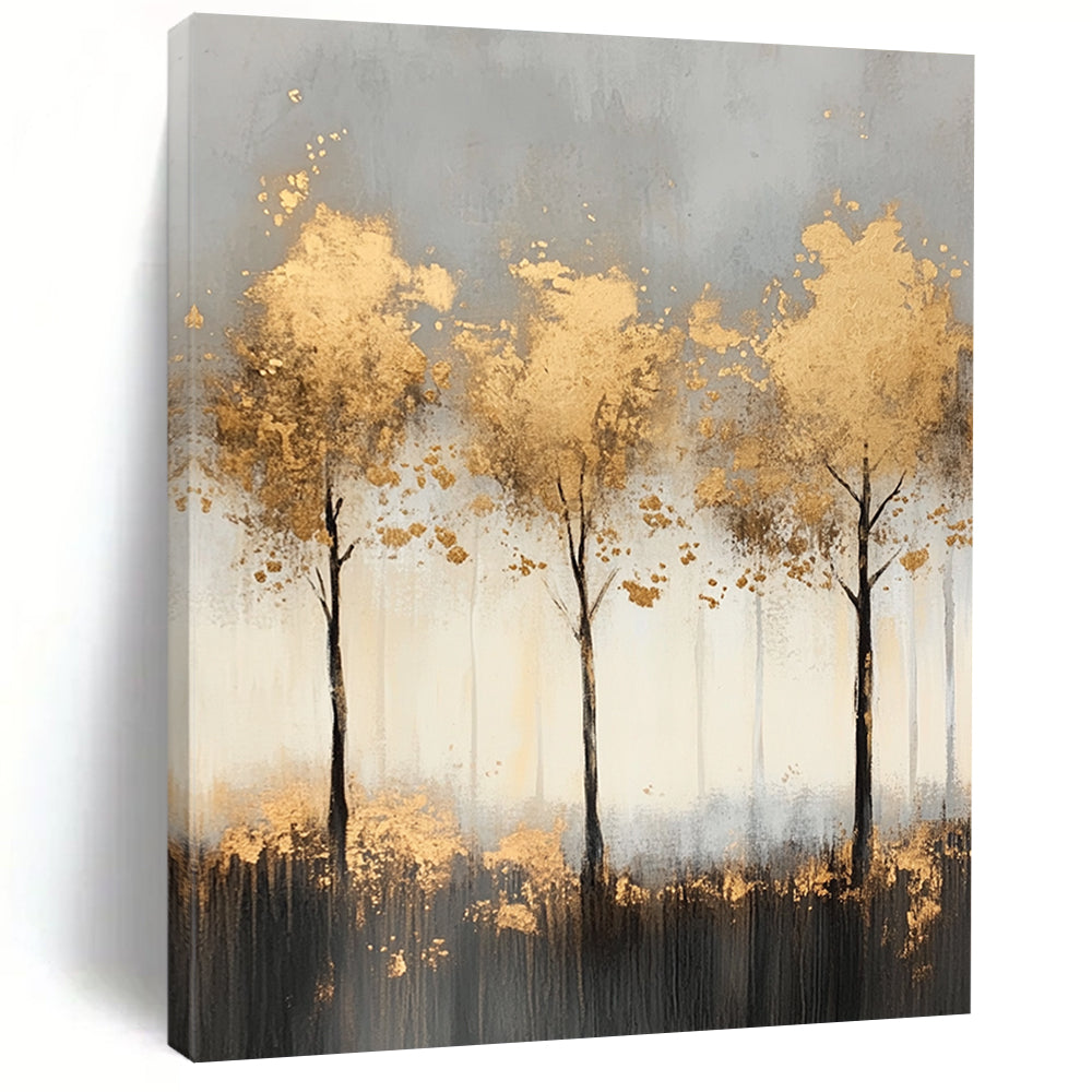 Contemporary abstract painting features misty landscape with light gray and gold tones, delicate tree shapes, and shimmering golden foil accents for a serene ambiance. DLZ1352