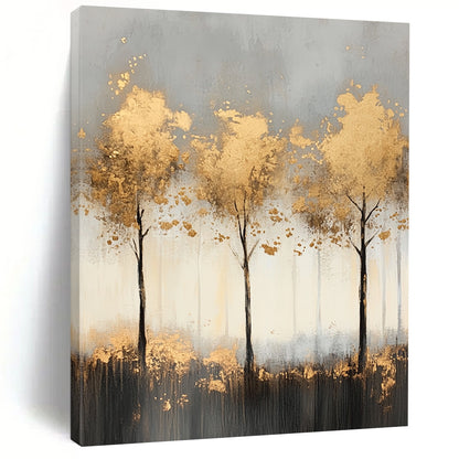 Contemporary abstract painting features misty landscape with light gray and gold tones, delicate tree shapes, and shimmering golden foil accents for a serene ambiance. DLZ1352
