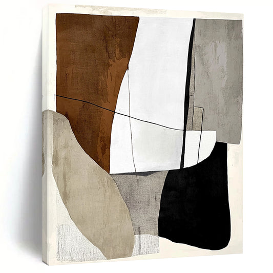 Contemporary hand-painted abstract artwork featuring textured elements geometric shapes depth minimalist design on a beige background with contrasting colors. DLZ1521