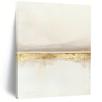 Large contemporary abstract painting featuring a serene horizon line in soft whites and beiges with subtle gold accents for a tranquil feel. DLZ1323