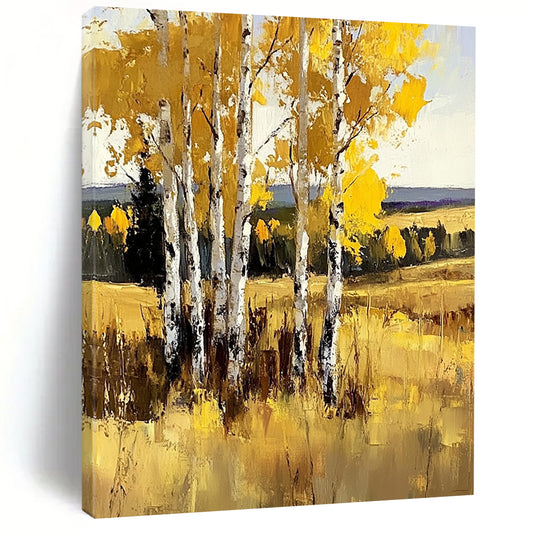 Large contemporary hand-painted abstract artwork featuring birch trees in vibrant yellow against sunny grasslands with bold brush strokes. DLZ1102
