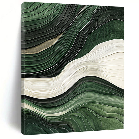 Contemporary hand-painted abstract art with flowing green and white lines, jade texture, and relief effect on a dark background, showcasing elegance and cultural heritage. DLZ0277