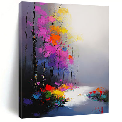 Contemporary hand-painted abstract artwork featuring vibrant flowers and trees in morning mist with smooth brushwork and atmospheric perspective. DLZ1413