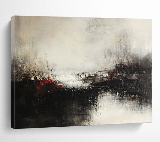 Black, White, and Red Abstract Landscape - “Moody Terrain” Painting On Canvas HB1450