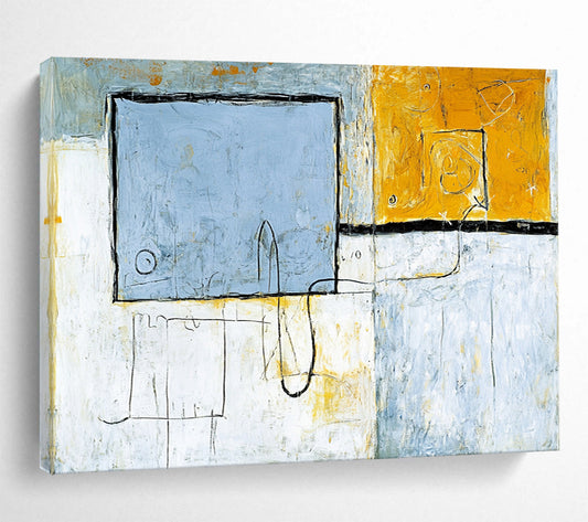 “Geometric Neutral Tones” - Blue, Yellow, Gray, Abstract Shapes - Modernist Acrylic Painting HB1510