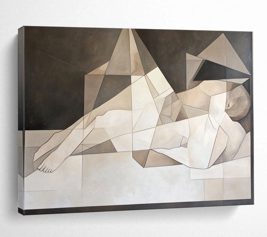 “Geometric Reclining Figure” - Neutral tones, angular shapes, Cubist - Inspired Painting On Canvas HB0570