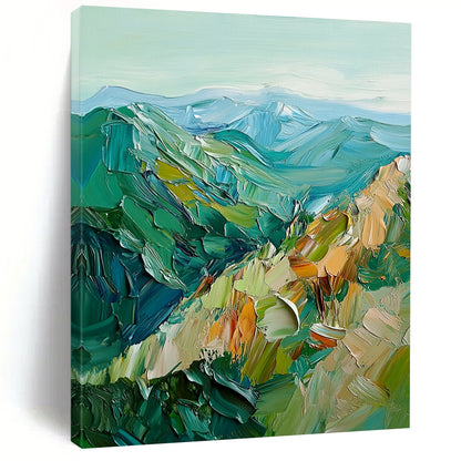 Contemporary abstract artwork featuring vibrant green and blue mountains created with bold impasto brush strokes for a striking visual impact. DLZ0483