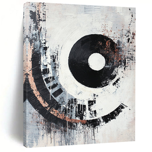 Black, White, Gray, Copper, Concentric Circles "Industrial Echo" Abstract Cubist - Inspired Painting On Canvas HB072