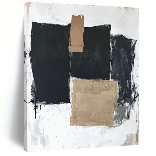 Contemporary hand-painted abstract art featuring three large black squares, one with brown tape, on a white background with thick dark gray strokes. DLZ1335