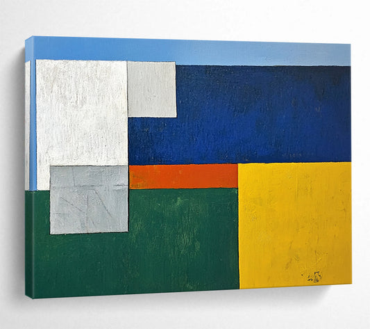 “Geometric Harmony” - Blue, White, Gray, Orange, Green, Color - Blocked Squares Painting On Canvas HB1050