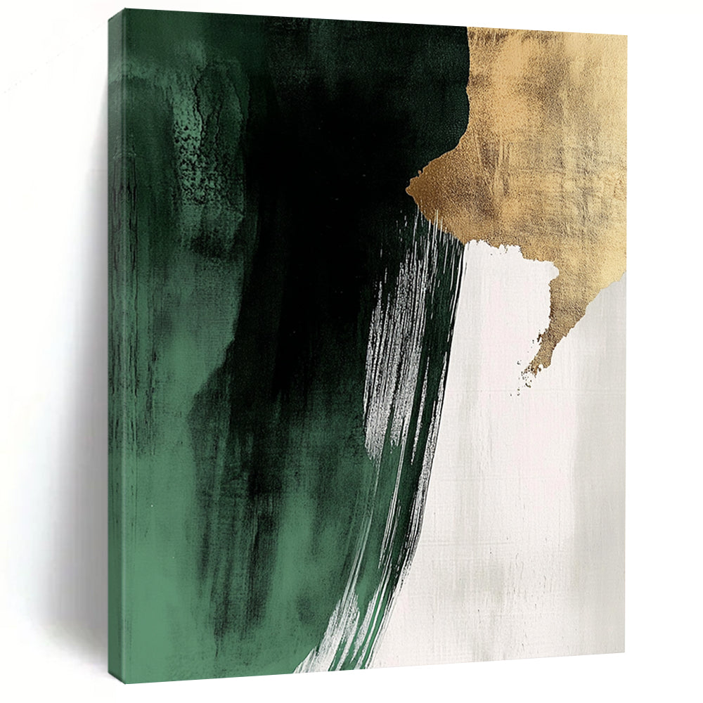 Contemporary hand-painted abstract art featuring dark green and white brushstrokes with gold foil and striking negative space in a minimalist style. DLZ1623