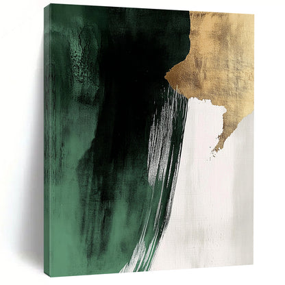 Contemporary hand-painted abstract art featuring dark green and white brushstrokes with gold foil and striking negative space in a minimalist style. DLZ1623