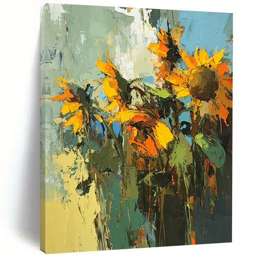 Vibrant contemporary abstract painting capturing sunflowers in a striking palette, showcasing bold brushstrokes and dynamic texture. DLZ0645
