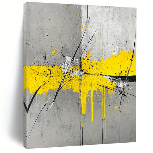 Gray, Yellow, Black, White, Splattered Cross "Dynamic Intersection" Abstract Expressionist Painting On Canvas HB058