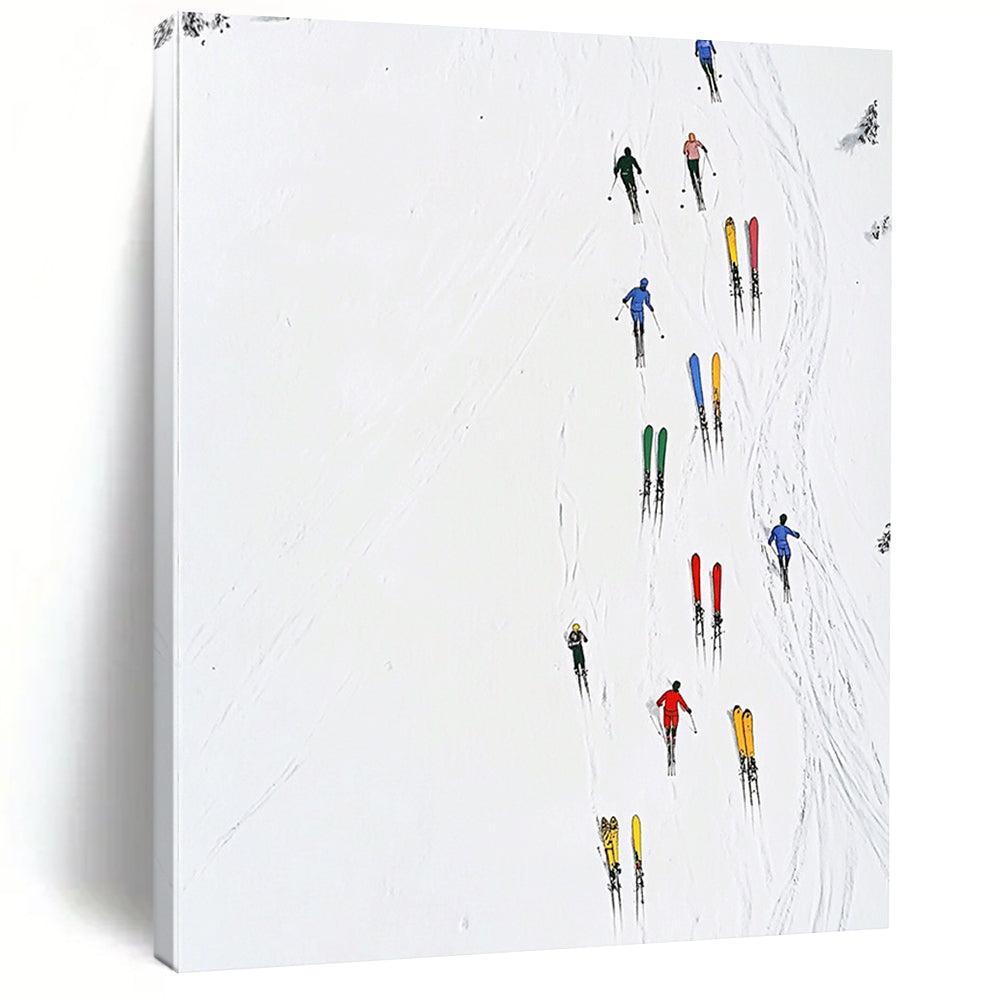 Contemporary abstract art featuring minimalist skiers, vibrant stacked skis, pure white background, and simple lines for a striking visual impact. DLZ1255