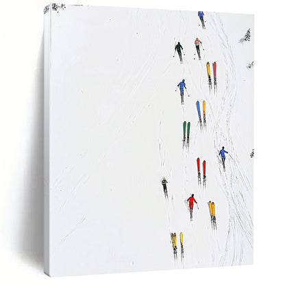 Contemporary abstract art featuring minimalist skiers, vibrant stacked skis, pure white background, and simple lines for a striking visual impact. DLZ1255