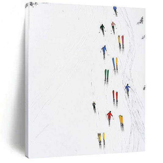 Contemporary abstract art featuring minimalist skiers, vibrant stacked skis, pure white background, and simple lines for a striking visual impact. DLZ1255