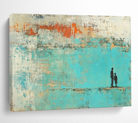 “Father - Child Silhouette in Turquoise - Orange” - Turquoise, Orange, Black with Silhouettes - Painting On Canvas HB1396
