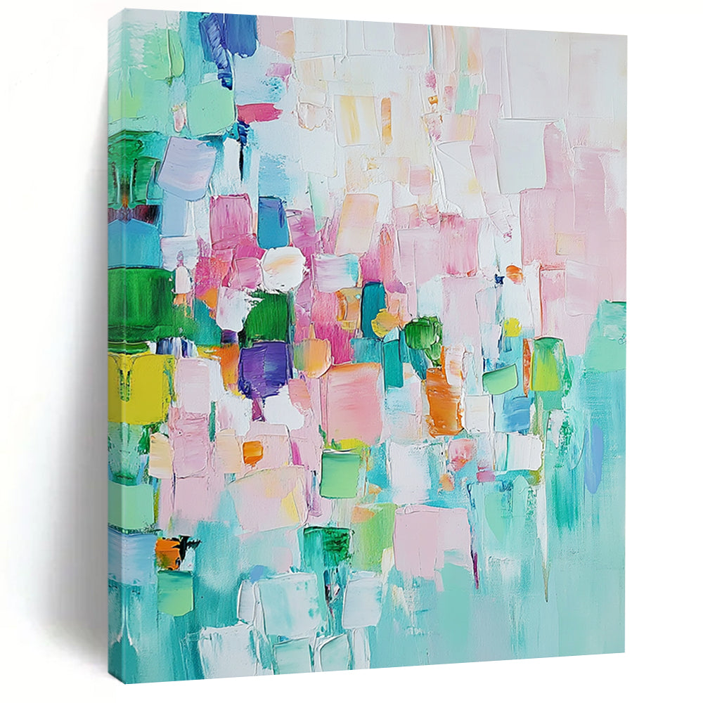 Contemporary hand-painted abstract art featuring pastel colors and textured oil paint showcasing harmonious shapes and contrasting geometric blocks for depth and interest. DLZ0762