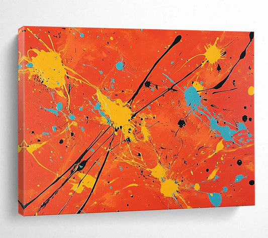 “Colorful Splatter On Orange” - Orange, Yellow, Blue, Black, Abstract Expressionist Painting On Canvas HB0683