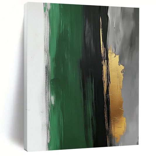 Contemporary abstract artwork featuring a striking dark grey brushstroke on white paper with subtle gold leaf accents and a minimalist design for elegant visual harmony. DLZ1330