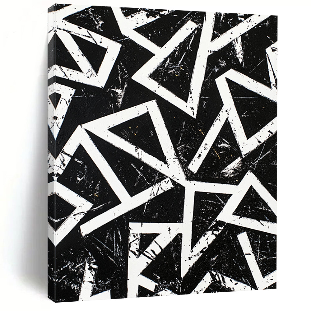 Black, White, Geometric Triangles "Monochrome Maze" Abstract Op - Art Painting On Canvas HB108