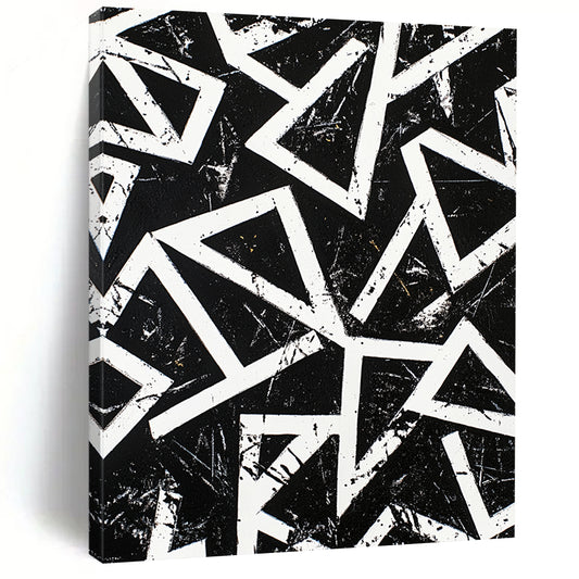 Black, White, Geometric Triangles "Monochrome Maze" Abstract Op - Art Painting On Canvas HB108