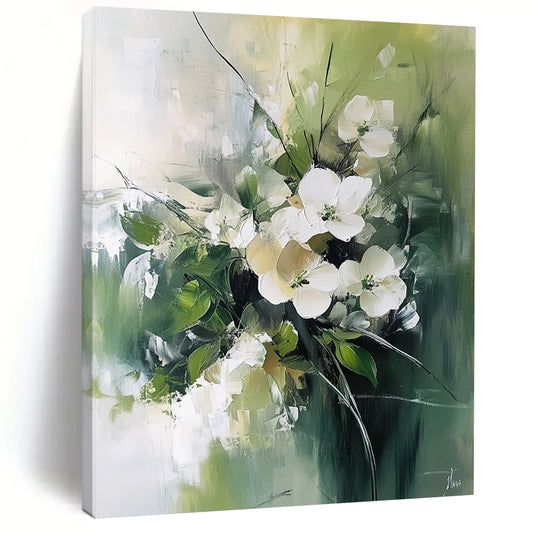 Contemporary abstract painting features white flowers and green leaves with a luminous palette and blurred edges on a neutral green background. DLZ0670