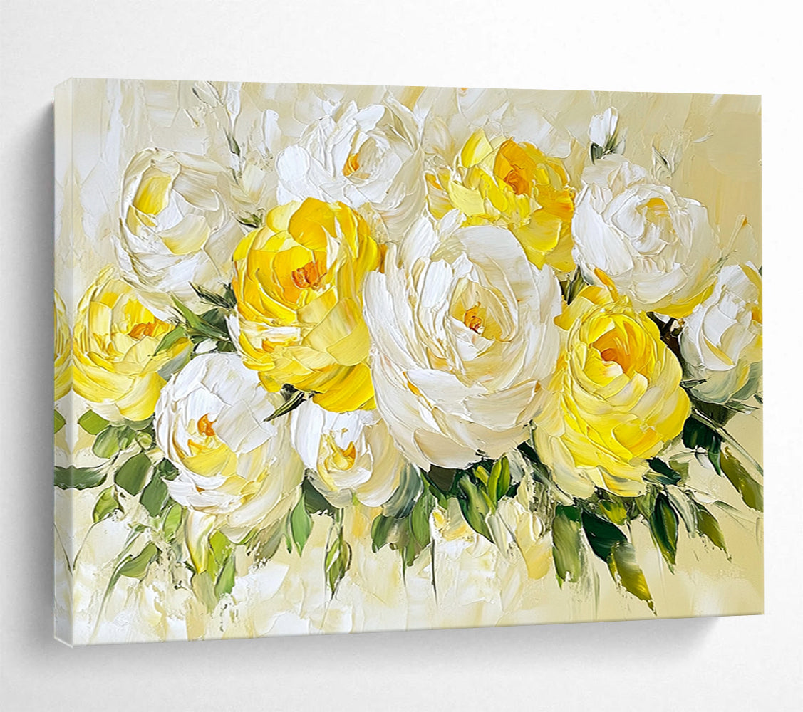 “Yellow - White Peony Bouquet” - Yellow, White, Green, Thick - textured Peony Bouquet - Impasto Oil Painting HB1778