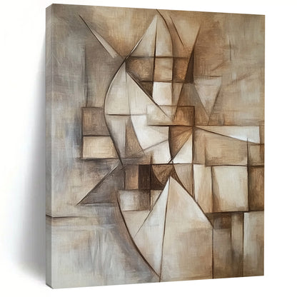 Contemporary hand-painted abstract artwork featuring geometric designs in neutral tones capturing harmony between simplicity and complexity with a focus on depth and perspective. DLZ1093