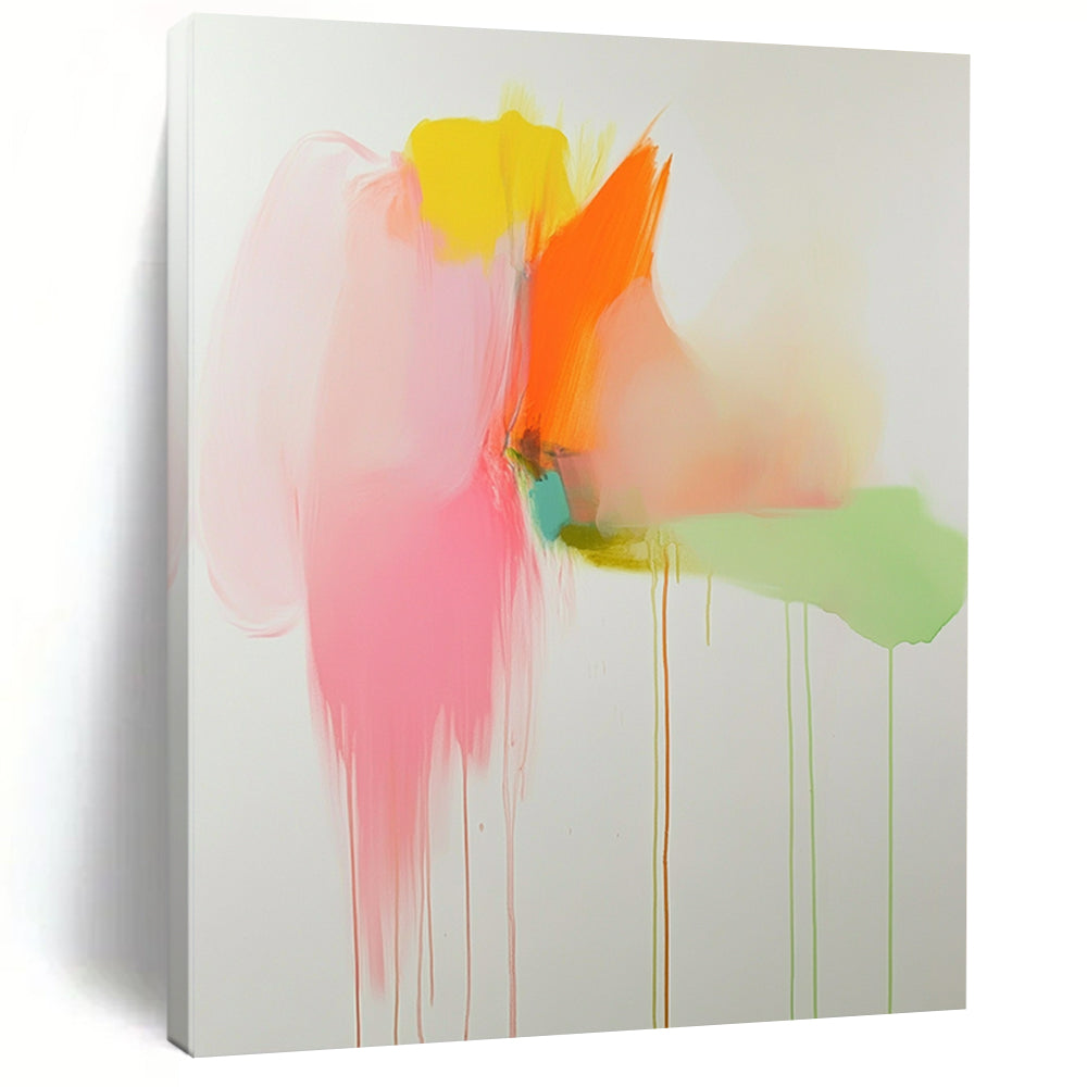 Vibrant contemporary abstract artwork featuring soft pink orange and green tones with pastel drips on a white background creating a serene visual experience. DLZ1063