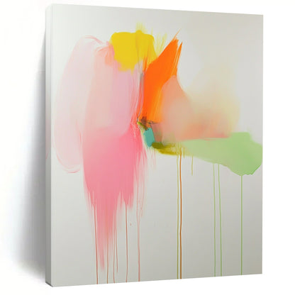 Vibrant contemporary abstract artwork featuring soft pink orange and green tones with pastel drips on a white background creating a serene visual experience. DLZ1063