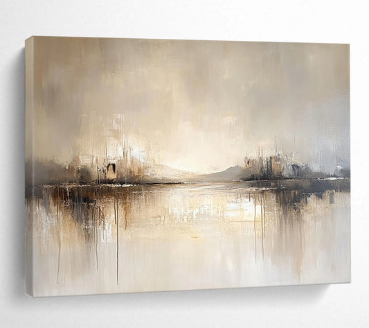 “Neutral Lake Reflection” - Beige, Gray, Subtle Peaks and Reflective Lake Painting On Canvas HB0931