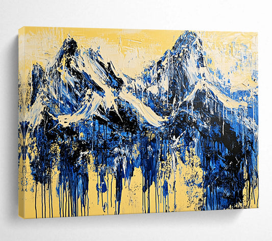 “Mountain Streams of Blue and Yellow” - Blue, yellow; Abstract mountain peaks; Drip - style Acrylic Painting On Canvas HB1187