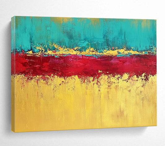 “Teal, Red, and Gold Abstract Horizon” - Teal, red, gold, yellow; Abstract color - block horizon; Acrylic Painting On Canvas HB1221