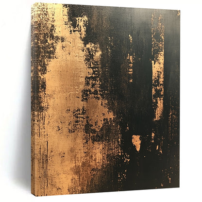 Contemporary hand-painted abstract artwork featuring distressed textured wallpaper in dark tones with gold accents creating a vintage modern aesthetic. DLZ1437
