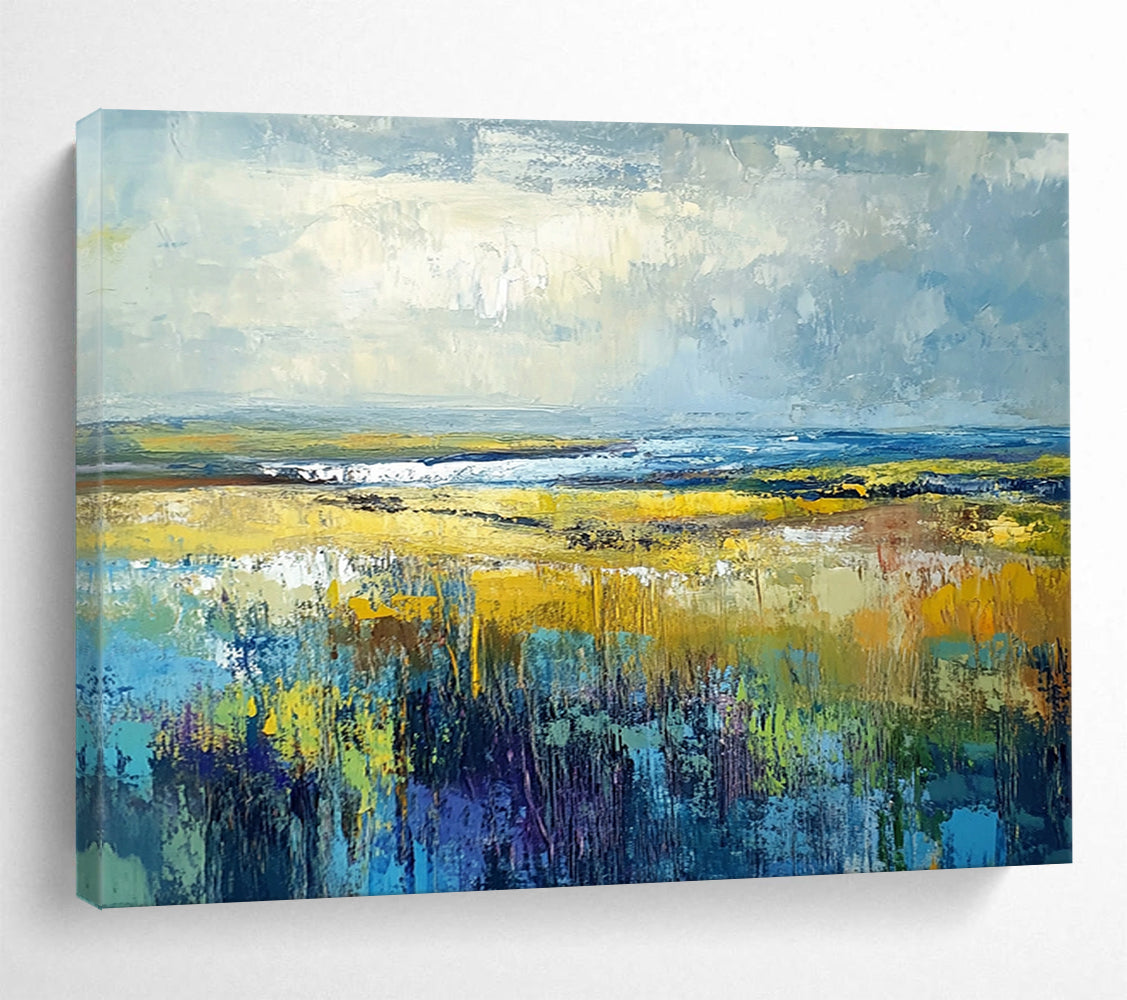 “Vibrant Prairie Dreams” - Yellow, Blue, Green, Purple, Expansive Field & Sky Scenes Painting On Canvas HB1023