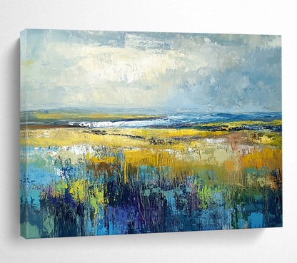 “Vibrant Prairie Dreams” - Yellow, Blue, Green, Purple, Expansive Field & Sky Scenes Painting On Canvas HB1023