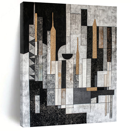 Black, Gray, Beige and Gold Abstract Cityscape "Urban Mosaic" Painting On Canvas HB317