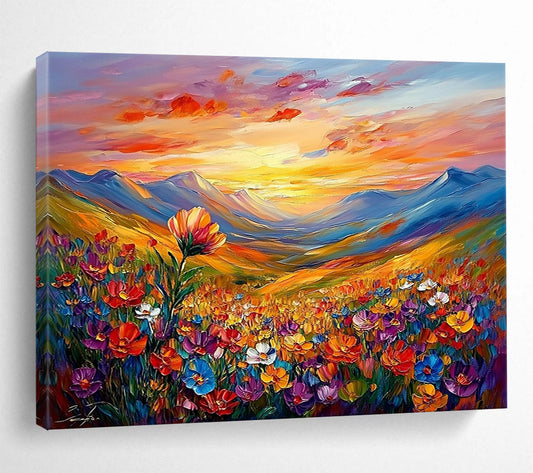 “Sunset Mountain Flower View” - Colorful, Mountains, Flowers, Sunset Painting On Canvas HB0748