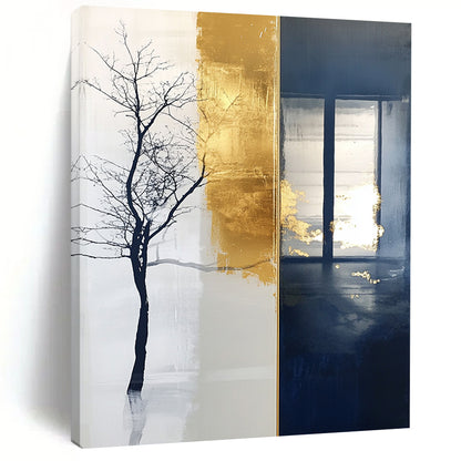 Contemporary large hand-painted abstract artwork features a striking blend of tree motifs and branches against a rich dark blue background. DLZ1509