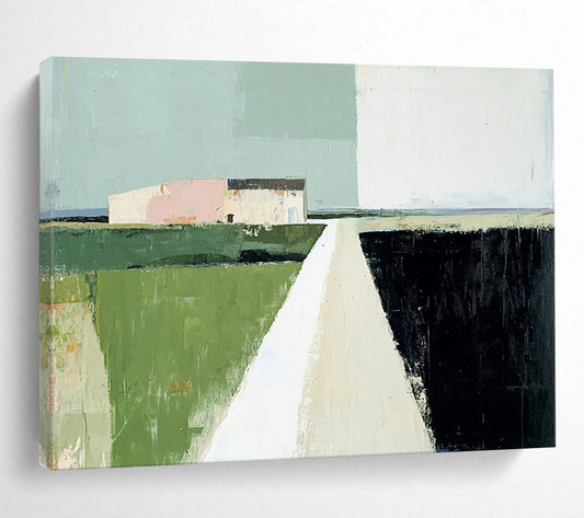 Green, Pink, Blue and Black Minimalist Landscape "Quiet Path" Painting On Canvas HB0658