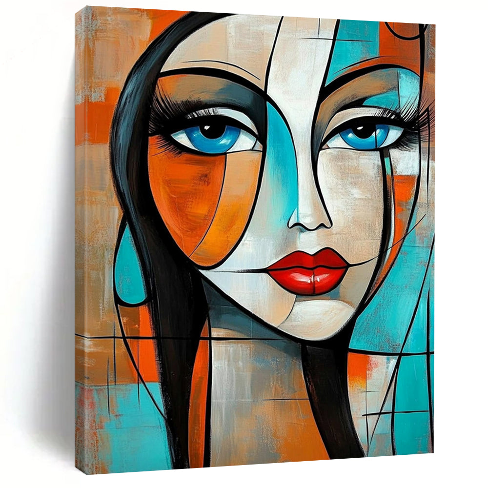 Contemporary abstract painting featuring a woman with geometric shapes and flowing hair in vibrant orange and turquoise tones. DLZ0785