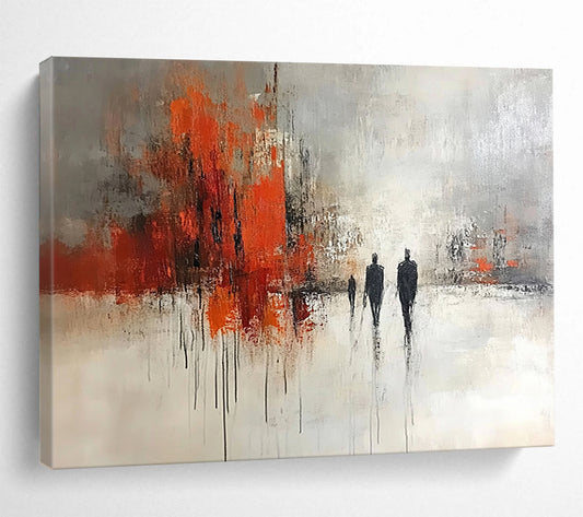 “Urban Stroll” - Gray, Orange, Black, Abstract Figures in Cityscape Painting On Canvas HB1052