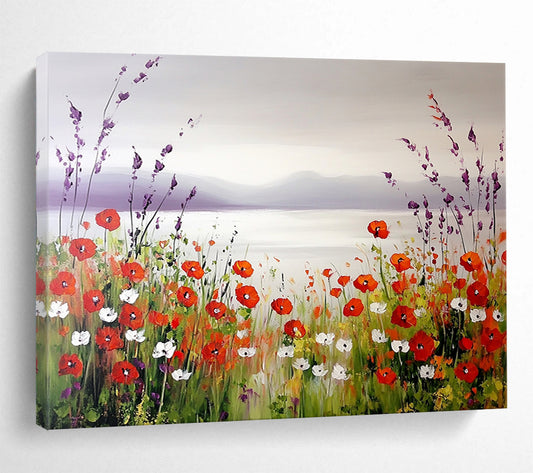 “Poppy Lake Serenity” - Red poppies, purple hills, blue lake, Idyllic Landscape Painting On Canvas HB0582