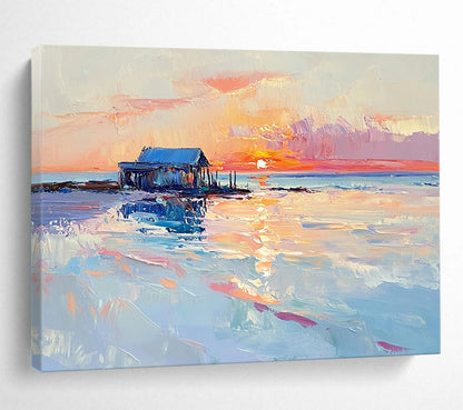 “Sunset Shack by Sea” - Pinks, Oranges, Blues, Coastal Shack - Impasto Oil Painting HB1592